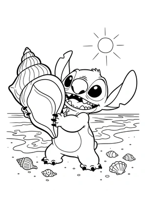 Stitch met een grote schelp op het strand kleurplaat om te printen en kleuren