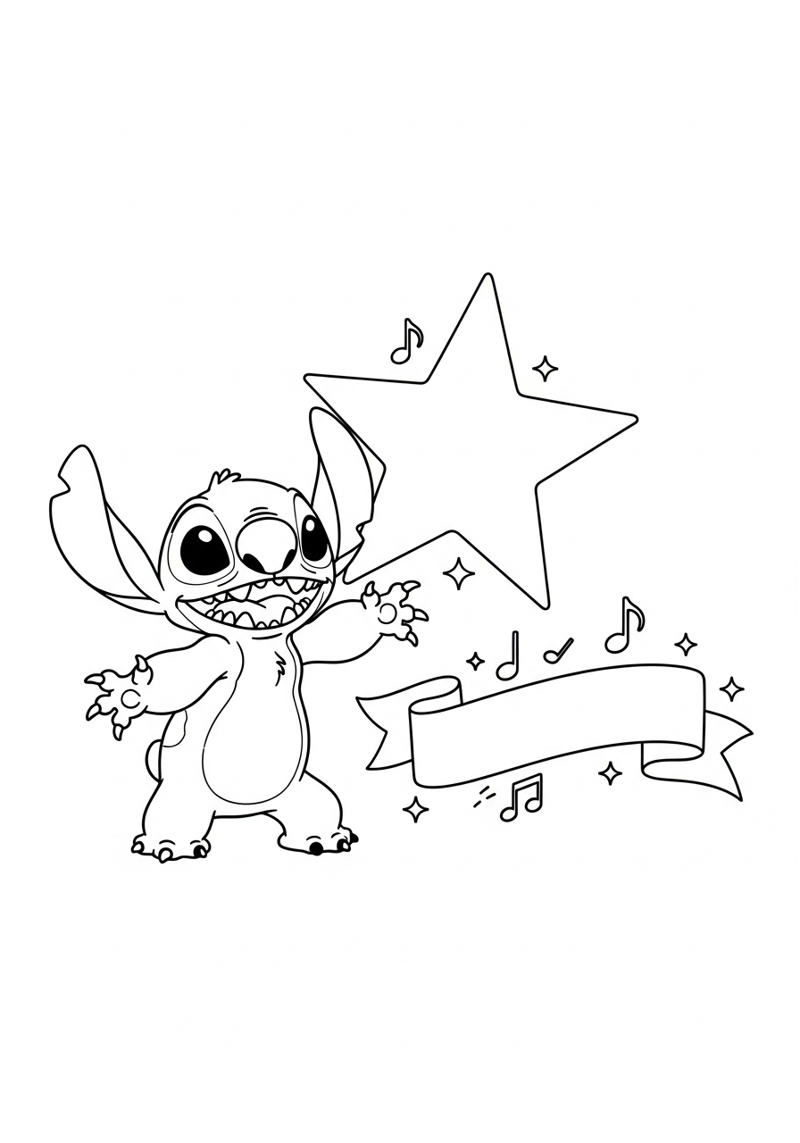 Stitch naast een grote ster met een banner waar je een naam op kunt schrijven kleurplaat