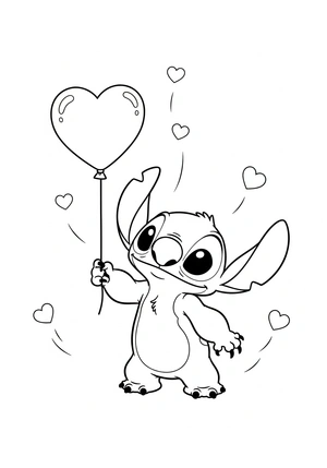 Stitch met een hartjesballon kleurplaat om te printen en kleuren