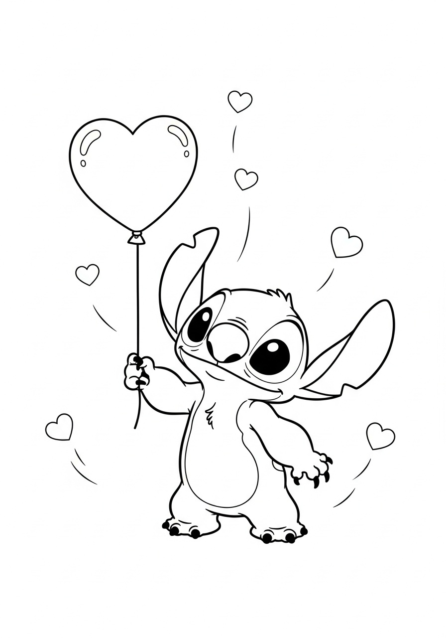 Stitch die een hartjesballon vasthoudt met kleine hartjes eromheen kleurplaat
