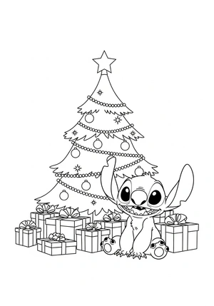 Stitch met een kerstboom en cadeautjes kleurplaat om te printen en kleuren