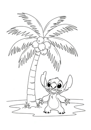 Stitch met een kokosboom en hangende kokosnoten kleurplaat om te printen en kleuren