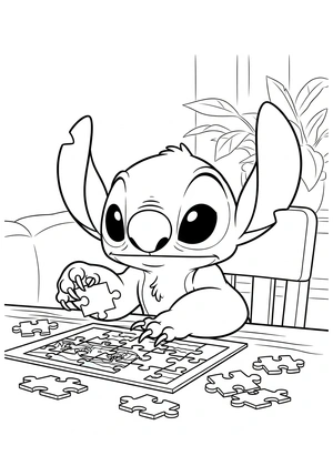 Stitch met een puzzel op tafel kleurplaat om te printen en kleuren