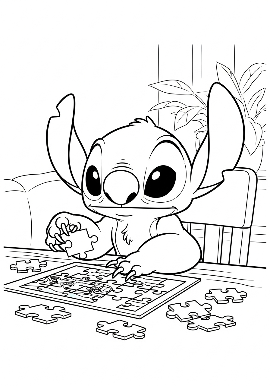 Stitch die puzzelstukjes legt op tafel met een bijna af puzzel kleurplaat