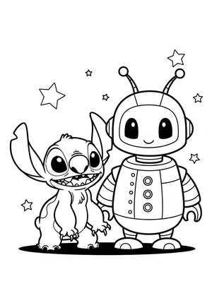 Stitch met een robotvriendje kleurplaat om te printen en kleuren
