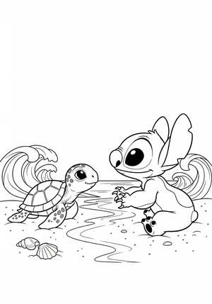 Stitch met een schattige schildpad kleurplaat om te printen en kleuren