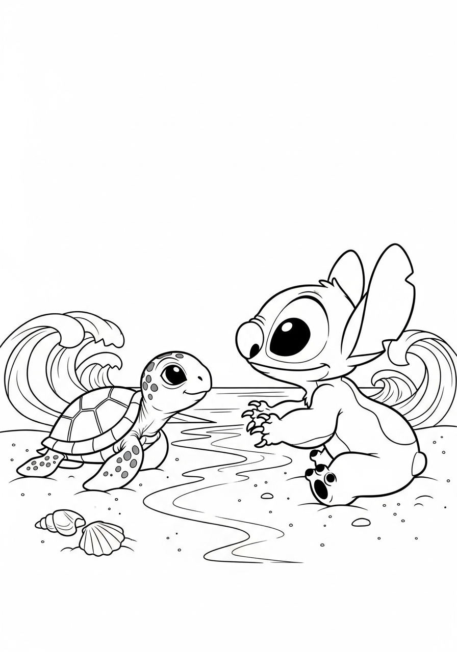 Stitch die naar een kleine schildpad kijkt bij de zee kleurplaat
