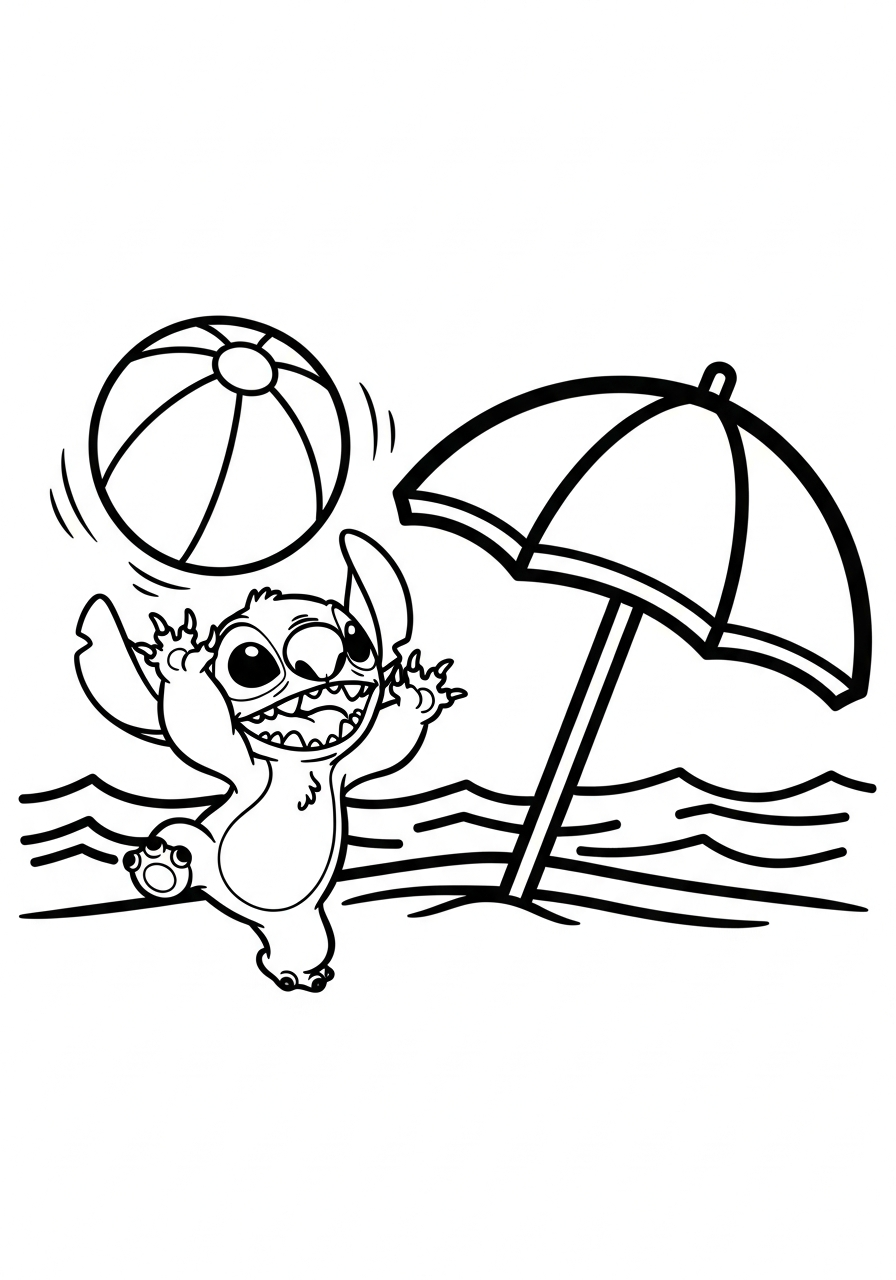 Stitch met een strandbal naast een parasol op het zand kleurplaat