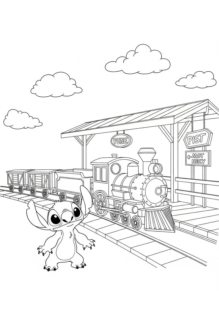 Stitch bij een kleine trein met wagonnetjes bij een station kleurplaat
