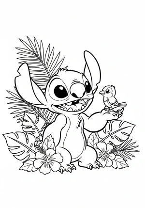 Stitch met een tropische vogel op zijn hand kleurplaat om te printen en kleuren