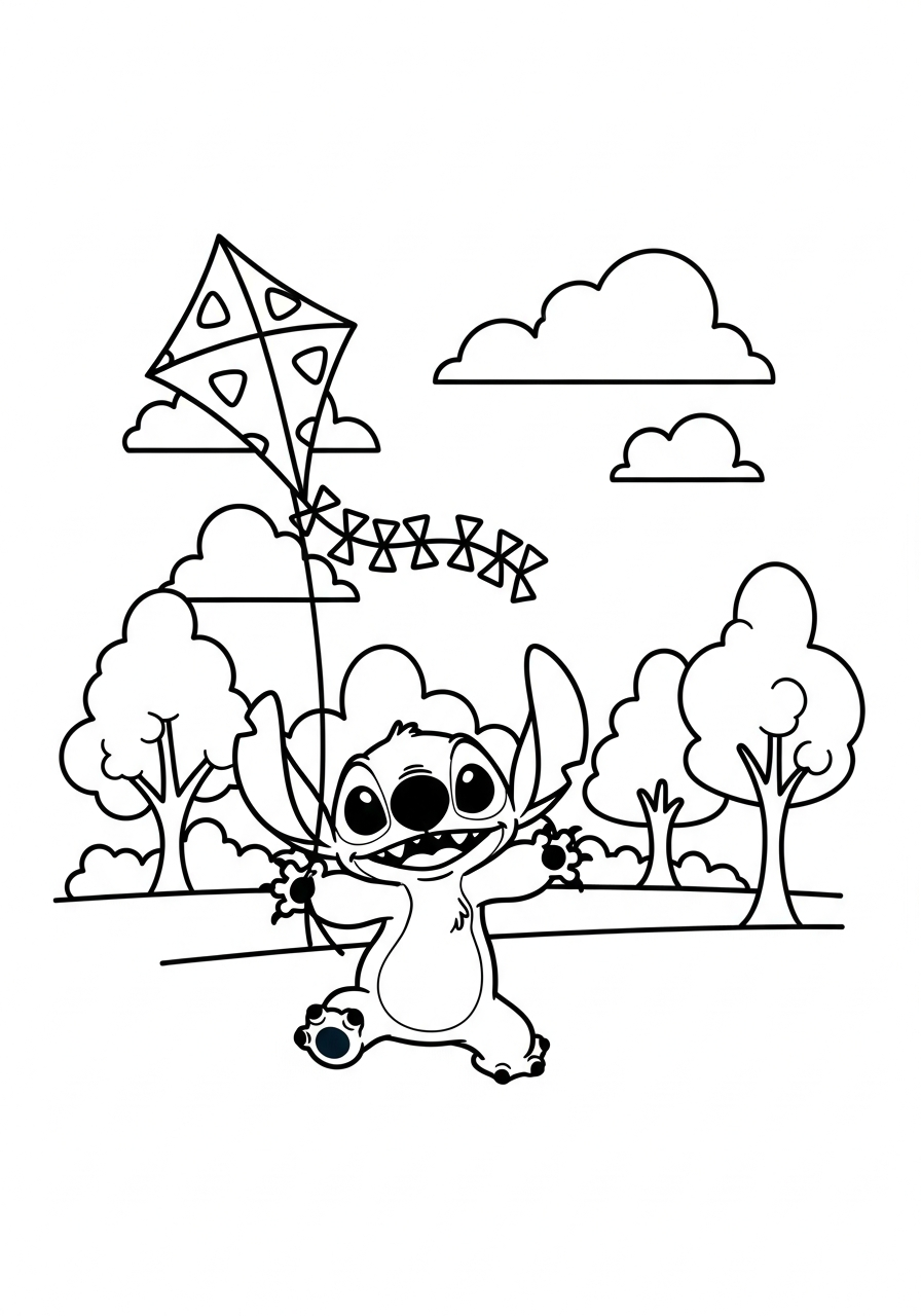 Stitch die een vlieger laat vliegen in het park met wolkjes kleurplaat