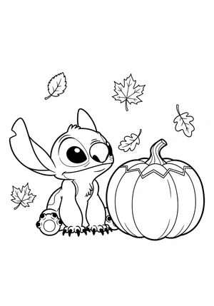 Stitch met pompoen en herfstblaadjes kleurplaat om te printen en kleuren