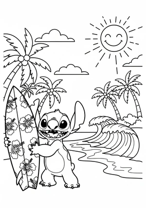Stitch met surfplank op het strand kleurplaat om te printen en kleuren