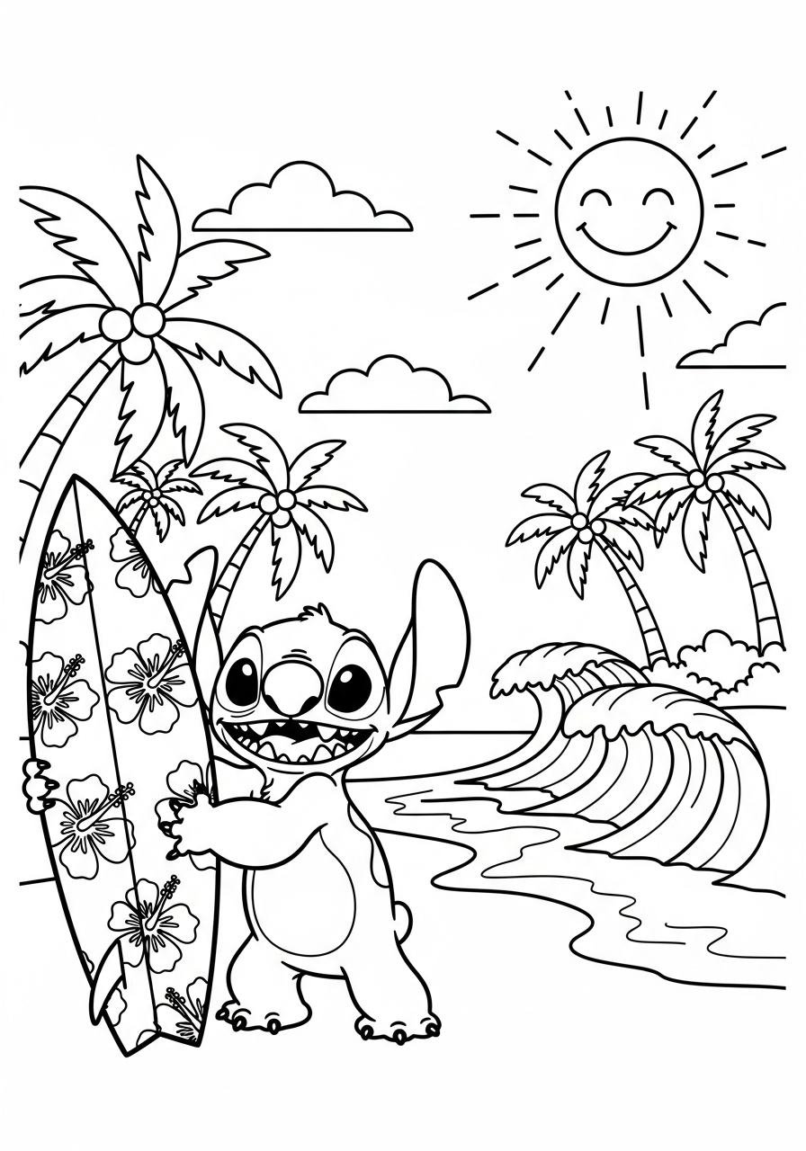 Stitch met surfplank op een tropisch strand, klaar om te surfen kleurplaat