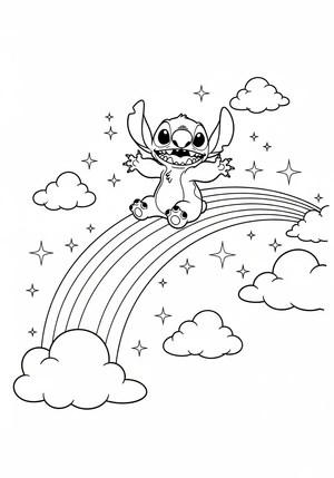 Stitch op een regenboog met wolkjes kleurplaat om te printen en kleuren