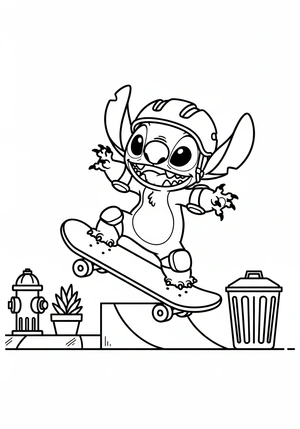 Stitch op een skateboard kleurplaat om te printen en kleuren