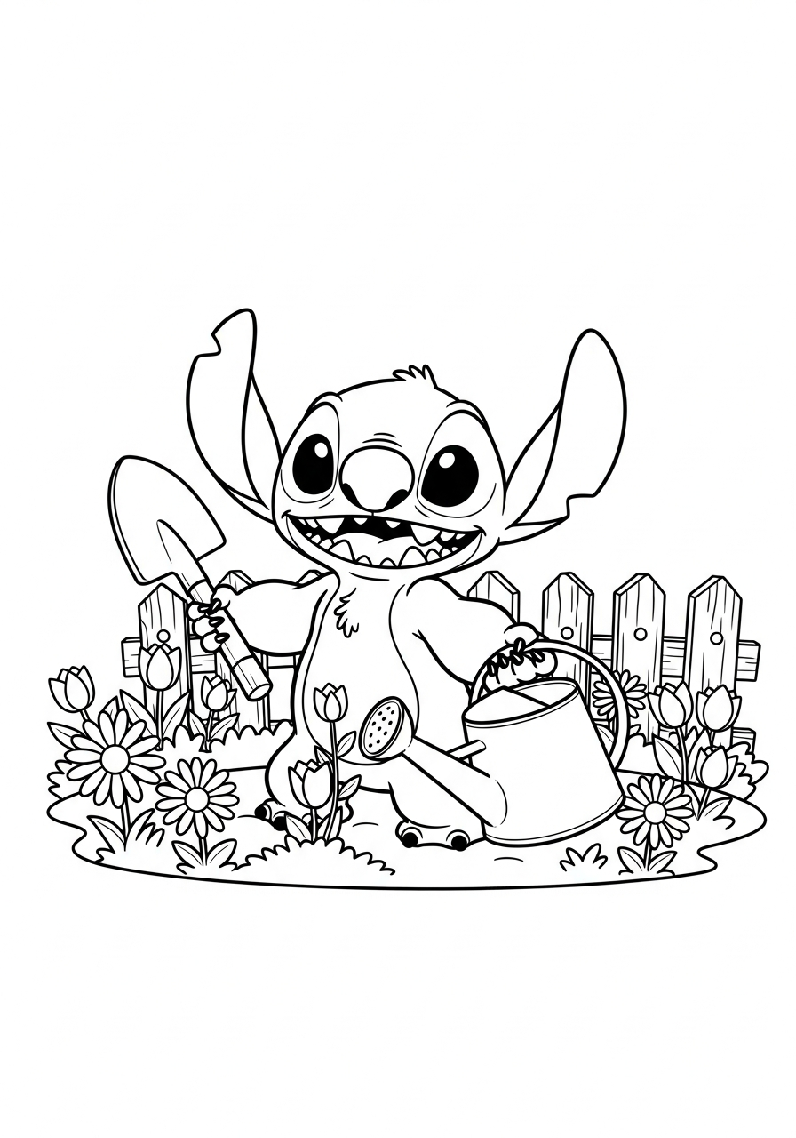 Stitch met een gieter en schepje tussen bloemen en een tuintje kleurplaat