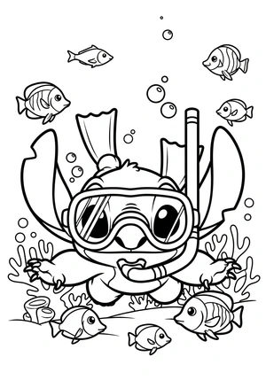Stitch snorkelt tussen vissen kleurplaat om te printen en kleuren