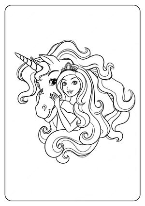 Barbie met unicorn kleurplaat om te printen en kleuren
