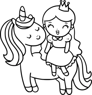 Prinses zit op unicorn kleurplaat om te printen en kleuren