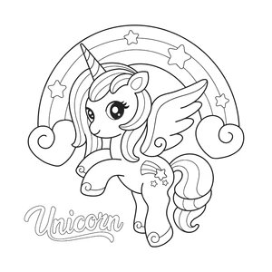 Schattige unicorn met regenboog en sterretjes kleurplaat om te printen en kleuren