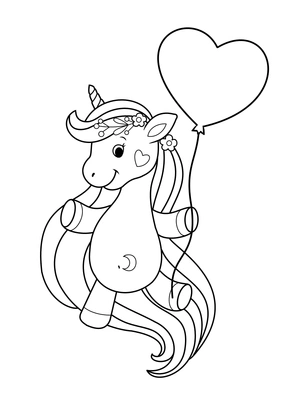Unicorn met hartjes ballon kleurplaat om te printen en kleuren