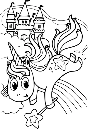 Unicorn met kasteel en regenboog kleurplaat om te printen en kleuren