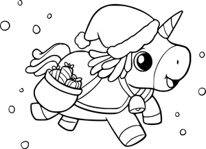 Unicorn met kerstmuts in de sneeuw kleurplaat om te printen en kleuren