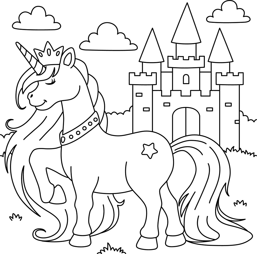 Unicorn met kroon en kasteel kleurplaat