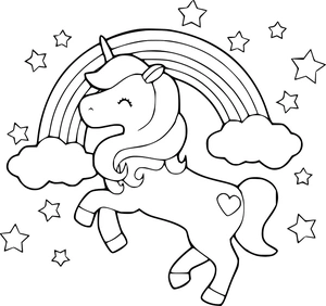 Unicorn met sterretjes en regenboog kleurplaat om te printen en kleuren