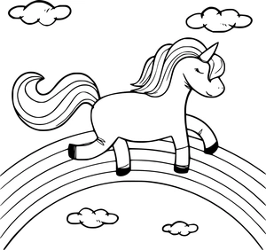 Unicorn wandelt op regenboog met wolkjes kleurplaat om te printen en kleuren