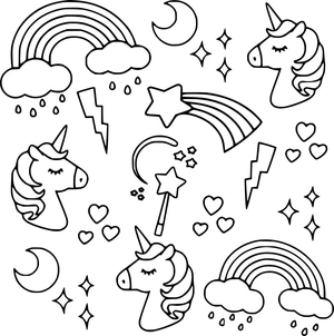 Unicorns met sterretjes en regenbogen kleurplaat om te printen en kleuren
