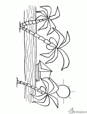 Palmbomen op het strand kleurplaat om te printen en kleuren